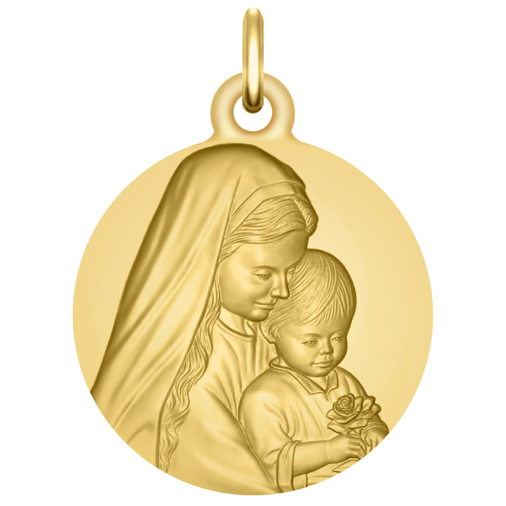 Photo de Médaille Vierge à l'enfant à la rose - Or jaune 18ct