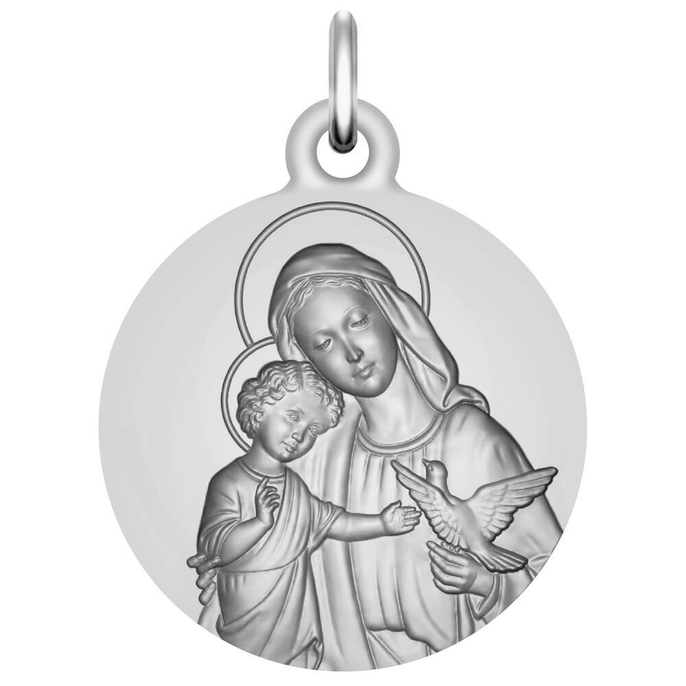 Photo de Médaille Vierge à l'enfant et la colombe - Or blanc 9ct 