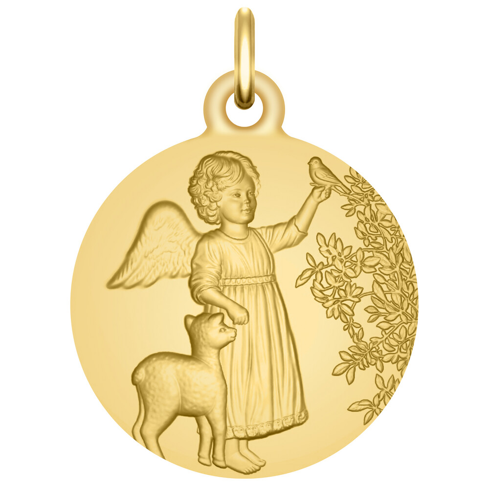 Photo de Médaille Ange à l'oiseau et l'agneau - Or jaune 18ct