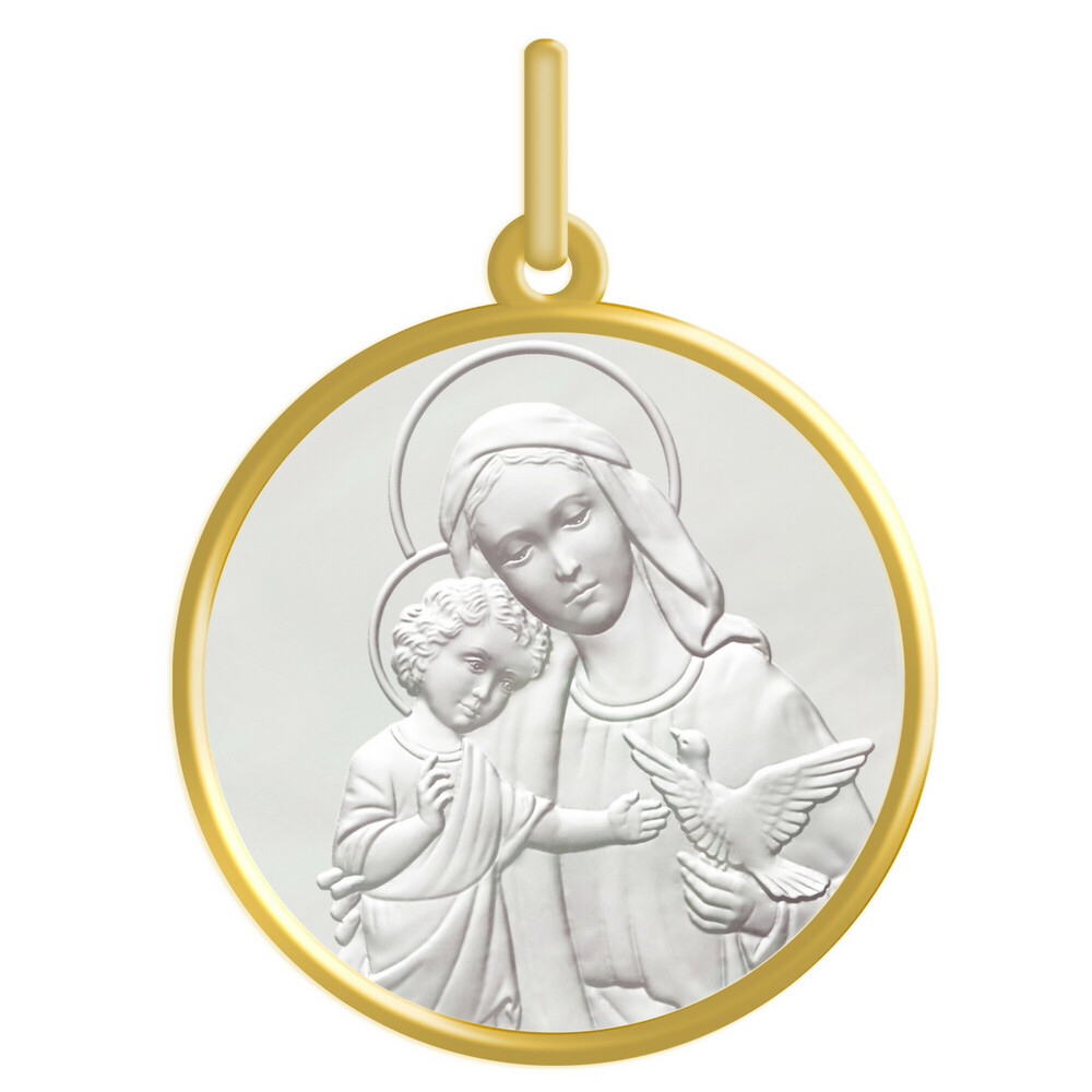Photo de Médaille Vierge à l'enfant et la colombe - Or jaune 18ct & nacre