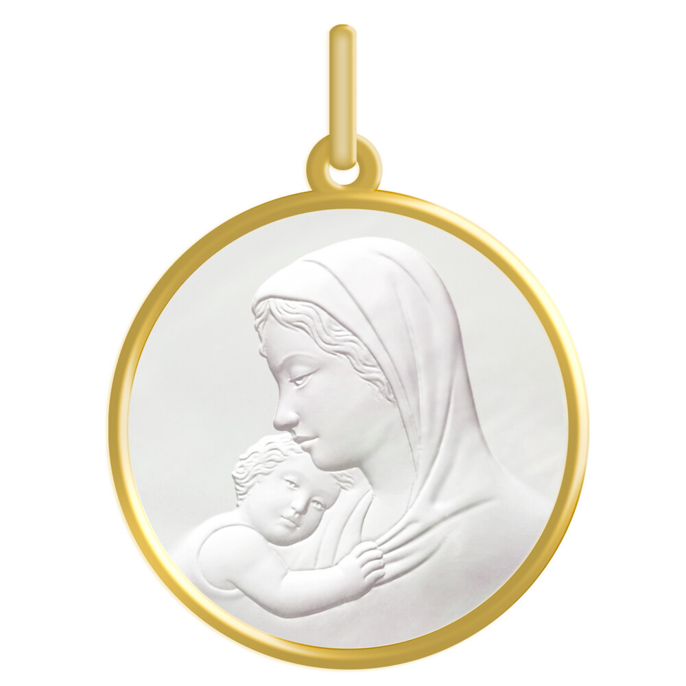 Photo de Médaille Vierge à l'enfant - Or jaune 18ct & Nacre