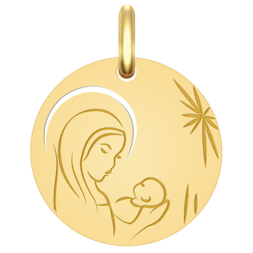 Photo de Médaille Vierge à l'enfant étoilée ajourée - Or jaune 18ct