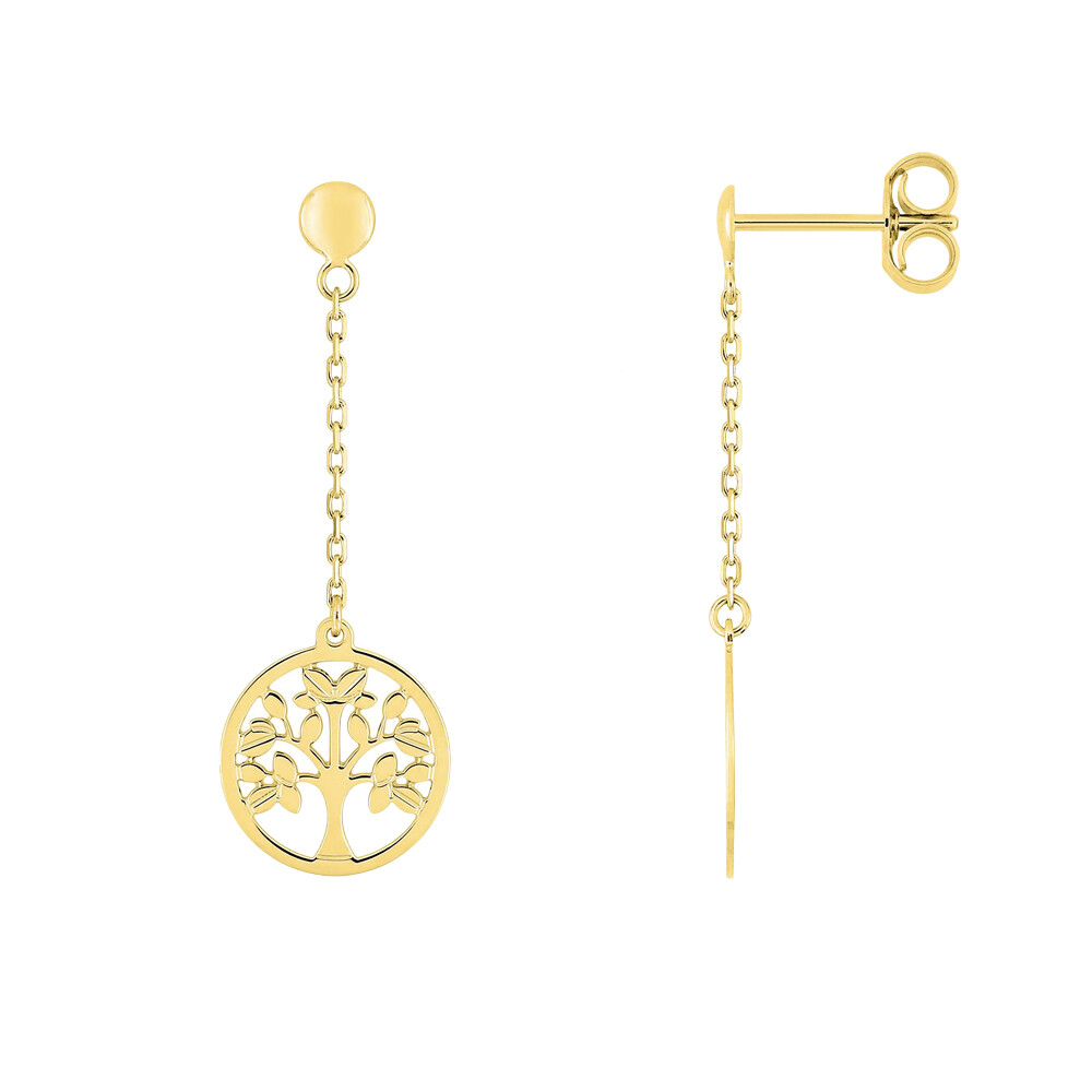 Boucles D'oreilles Arbre De Vie - Plaqué Or Jaune Avec Zirconium - Pendantes, Fermoir Tige Poussette - Neuves Avec étiquettes
