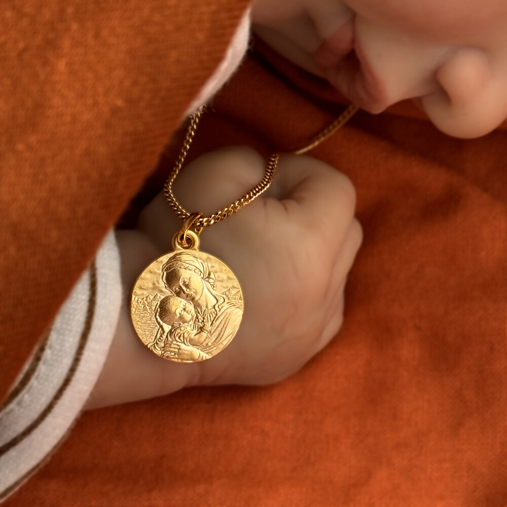 Photo de Médaille Vierge à l'enfant au rameau - Or jaune 18ct