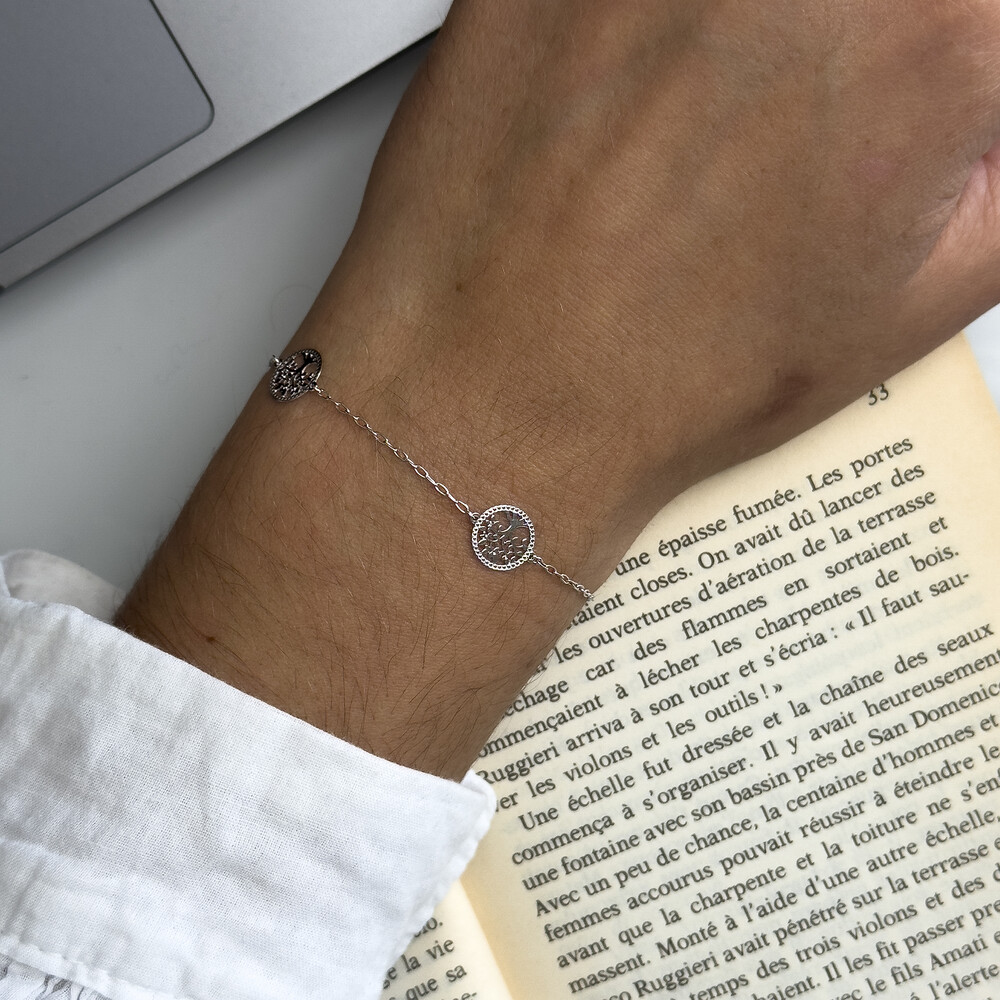 Photo de Bracelet Médaillons Arbre de Vie perlé - Or blanc 9ct