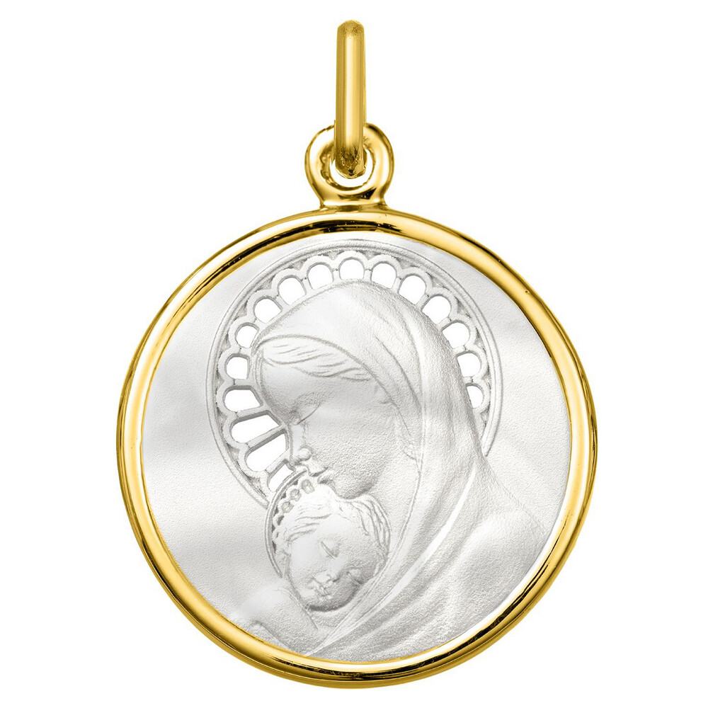 Photo de Médaille Vierge à l'enfant ajourée - Or jaune 18ct & nacre