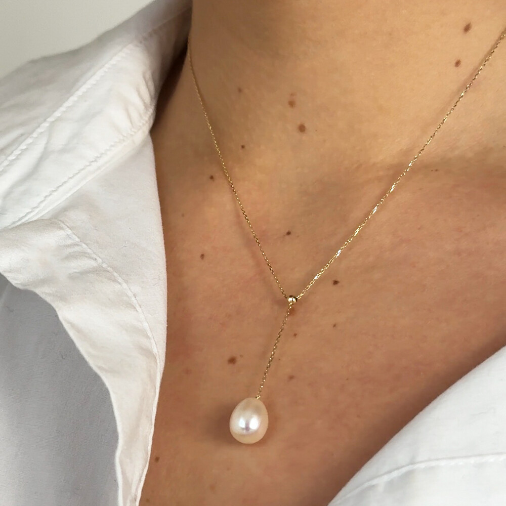 Photo de Collier chaîne forçat perle de culture poire 8mm - or jaune 9ct