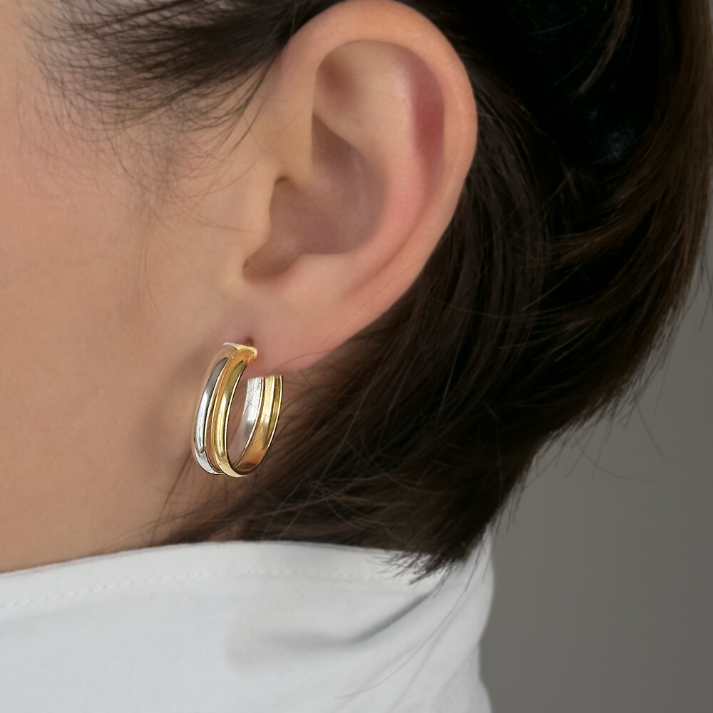 Photo de Boucles d'oreilles créoles duo - Or jaune et blanc 9ct