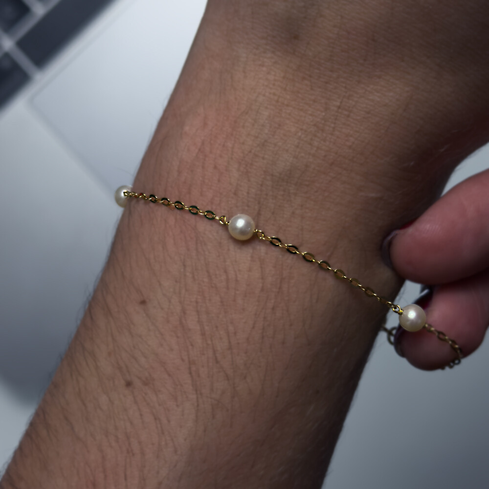 Photo de Bracelet perles 4,5mm sur chaîne forçat miroir - Or jaune 9ct